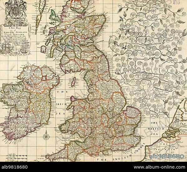 A new map of England; Scotland and Ireland; this map illustrates late 17th century Britain; showing the many towns. A royal family tree describes the individual heirs to the throne after William the Conqueror; Historical; digitally restored reproduction from a 19th century original.