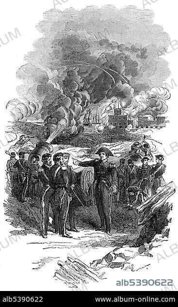 Historical drawing from the U.S. history of the 19th century, bombardment of Vera Cruz, 1847, Mexican-American War, by Winfield Scott, 1786-1866.