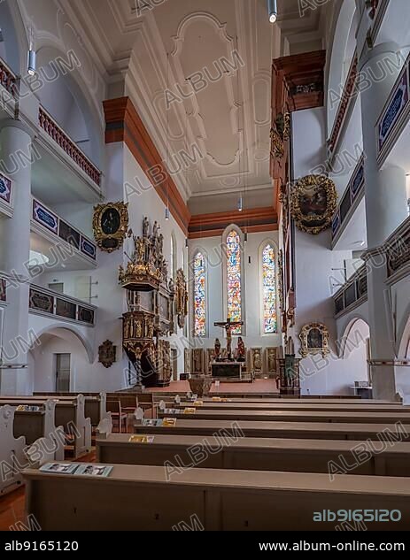 Georgenkirche, interior with pulpit, pews, town and main church of Eisenach. The reformer Martin Luther (1483-1546) preached here, Johann Sebastian Bach was baptised in it, Eisenach, Thuringia, Germany, Europe.