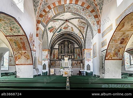 Chancel with organ, Bunte Kerke or Bonde Kerke, Lieberhausen, Gummersbach, Bergisches Land, North Rhine-Westphalia, Germany, Europe.