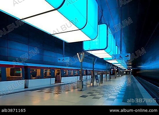 Light installation in the U-Bahn HafenCity Universität subway station, U4 subway line, HafenCity, Hamburg, Germany, Europe.