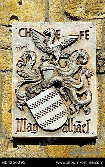 Coat of arms at the birthplace of Ferdinand Magellan, Fernão de Magalhães, Sabrosa, Portugal, Europe.