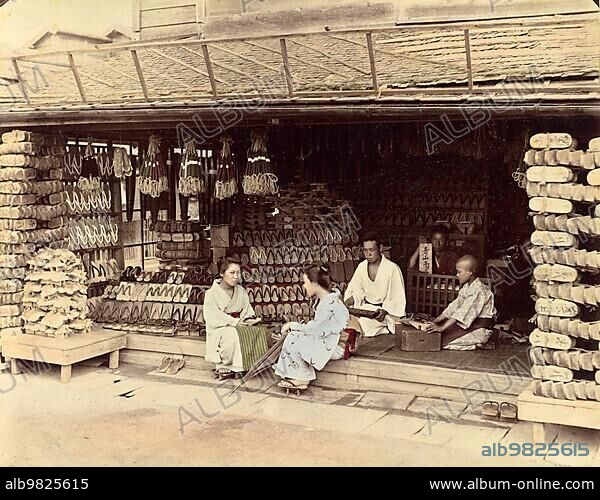 Shoe shop; c. 1870; Japan; Historic; digitally restored reproduction from an original of the period; Asia.