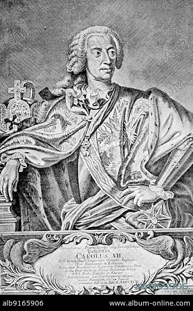 Charles Albrecht of Bavaria (born 6 August 1697) (died 20 January 1745) of the House of Wittelsbach was Elector and Duke of Bavaria as Charles I from 1726 to 1745. After the death of Emperor Charles VI in 1740, from 1742 to 1745 as Charles VII Emperor of the Holy Roman Empire, Historical, digitally restored reproduction of a 19th century original, exact original date unknown.