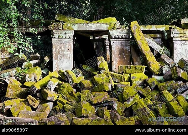 An ancient temple moss covered ruins in Cambodia, Siem Reap province.