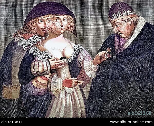 Satirical depiction of the adulterous woman and the cuckold, anonymous French copper engraving from the 17th century. The term cuckold refers to a man whose woman has committed adultery, digitally restored reproduction of an original from the 19th century, exact original date unknown.