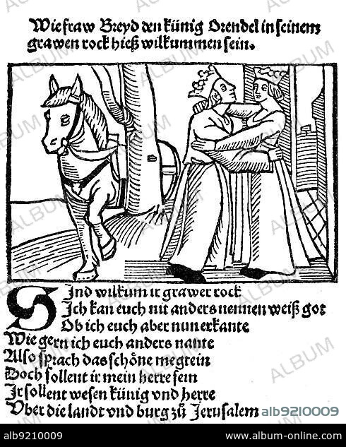 Orendel is a Middle High German poem, a Spielmannsdichtung, traditionally dated to the end of the 12th century, although the earliest known manuscript (no longer extant) was from 15th century., historical image or illustration, published 1890, digitally enhanced, Orendel is a Middle High German poem, a Spielmannsdichtung, traditionally dated to the end of the 12th century, although the earliest known manuscript (no longer extant) was from 15th century., histori.
