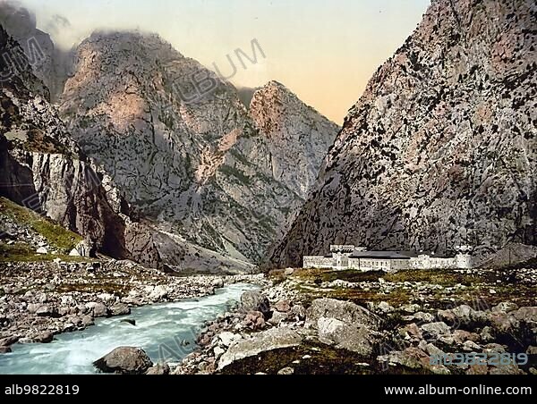 Military road. Fortress in the Dariel Gorge; Caucasus; Russia; c. 1890; Historic; digitally enhanced reproduction of a photochrome print of the period; Europe.