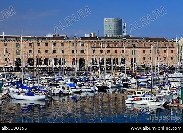 Marina Darsena del Comerc in front of the Museu d'Historia de Catalunya museum for catalan history, Barcelona, Catalonia, Spain, Europe.
