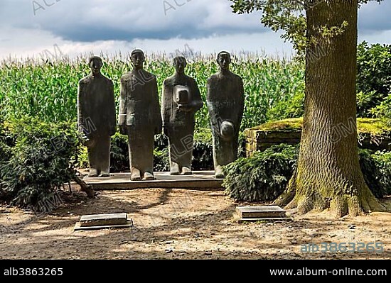 Langemark German war cemetery with monument "Grieving Soldiers" by Emil Krieger, Langemark, West Flanders, Flanders, Belgium, Europe.