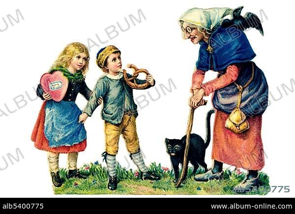 Nostalgic chromos illustration, Hansel and Gretel holding a gingerbread heart and a pretzel next to an old witch.