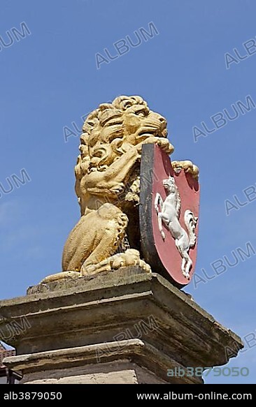 Lion statue on fountain, Celle, Lower Saxony, Germany, Europe.