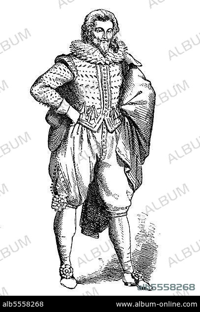 Französischer Adel von 1617, mit Ruff-Kleidung, Modegeschichte, Kostümgeschichte, Historisch, digital restaurierte Reproduktion einer Originalvorlage aus dem 19. Jahrhundert, genaues Originaldatum nicht bekannt.