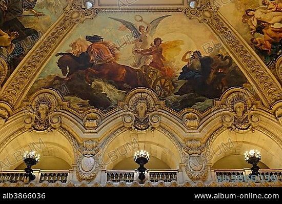 Le Grand Foyer with frescoes, ornate ceiling by Paul Baudry, Opera Garnier, Paris, France, Europe.