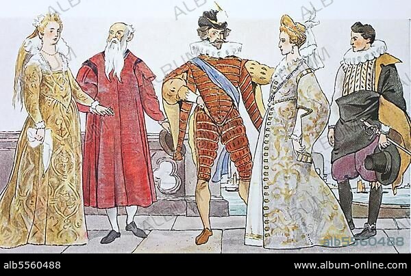 Mode, Kostüme, Kleidung in italienischer unter spanischer Mode um 1590-1610, von links, venezianische Dame um 1610, adliger venezianischer alter Herr um 1610, venezianischer jüngerer Herr in spanischer Mode um 1610, venezianische Dame um 1605 und junger Adliger in spanischer Mode um 1605, digitale verbesserte Reproduktion nach einem Original aus dem Jahr 1900.
