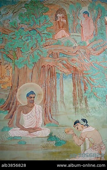 Sujata offering milk to Buddha who is living as an ascetic in the forest, detail of a wall painting of the Japanese artist Kosetsu Nosu representing the Life of Buddha, Mulagandha Kuti Vihara Buddhist temple, Sarnath, Uttar Pradesh, India, South Asia, Asia.