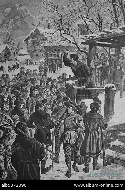 Gustav Vasa telling farmers about the atrocities committed by the Danes in Stockholm, Gustav von Holstein-Gottorp, Prince of Sweden, from 1829 Gustav Prince of Vasa, 1799 - 1877, woodcut 1888.