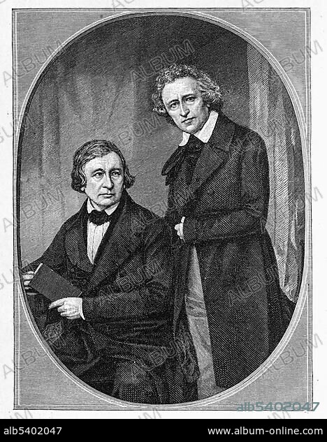 The brothers Grimm, Jacob Grimm (1785-1863), Wilhelm Grimm (1786-1859), collectors of folk and fairy tales, inguistics scientists, title page of "Deutsches Woerterbuch" German dictionary, 1854.