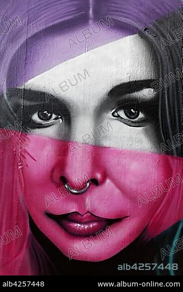Graffiti, Woman with Septum Piercing, Nose Piercing, Portrait, Street Art, Hall of Fame Düsseldorf, Düsseldorf-Eller, Nordrhein-Wesfalen, Germany, Europe.