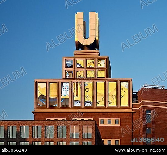 Dortmund U-Tower or Dortmunder U with video installation, former Dortmunder Union Brewery, art and cultural centre, Dortmund, Ruhr Area, North Rhine-Westphalia, Germany, Europe.