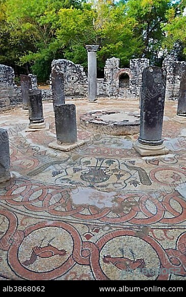 Baptistery with mosaics, ruined city, National Park Butrint, Saranda, Albania, Europe.