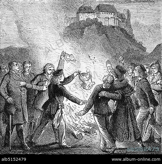 Burning of books at the Wartburg festival in 1817, historical illustration from Otto von Leixner: Illustrated history of German literature. Leipzig and Berlin 1880.