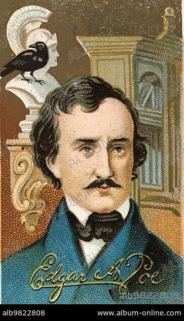 Famous people in American history; Edgar Allan Poe (19 January 1809 in Boston) (Massachusetts) (died 7 October 1849 in Baltimore) (Maryland) was a US writer; Historical; digital reproduction of a 19th-century scrapbook picture.
