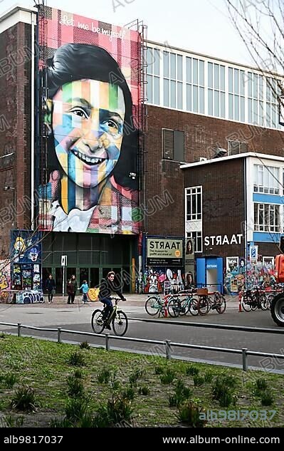 Anne Frank portrait on the façade of the Straat Museum; NDSM Plein; Amsterdam; Netherlands.