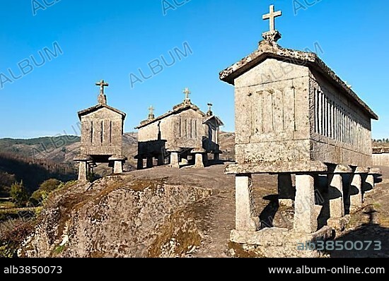 Traditional Espigueiros, granaries, Soajo, Peneda Geres National Park, Minho province, Portugal, Europe.