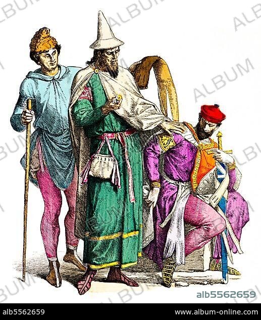 Munich Bilderbogen, costumes, 12th century, man of the people (left), rich Jew, knight (right), sword, purse, robes, portrait, coloured historical illustration 1890.