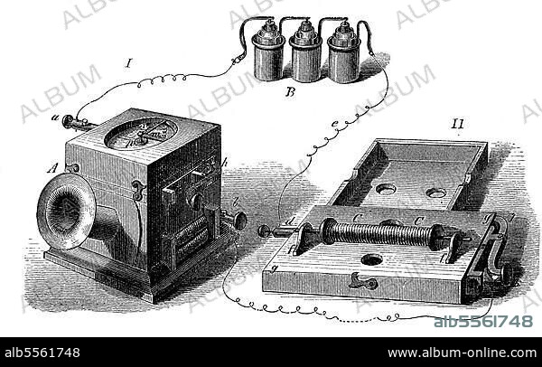 Das erste Telefon, erfunden von Johann Philipp Reis im Jahres 1860, digital restaurierte Reproduktion einer Originalvorlage aus dem 19. Jahrhundert.