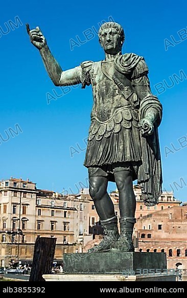 Bronze statue of Roman Emperor Trajan, Via dei Fori Imperiali, Rione I Monti, Rome, Lazio, Italy, Europe.