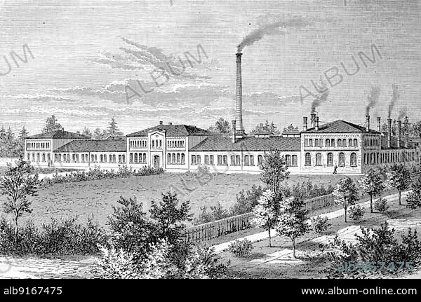 Company building 1880, Dick and Kirschten was an important manufacturer of carriages and wagons in Offenbach am Main, Germany, Historic, digitally restored reproduction of an original 19th-century artwork, exact original date unknown, Europe.