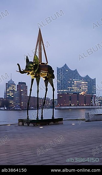 SALVADOR DALÍ. Elephant sculpture, artist Salvador Dali, Elbe River, Elbe Philharmonic Hall, Hamburg, Germany, Europe.