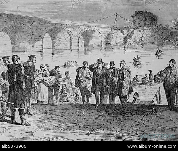 Jules Fabres arrival at the Sebres Bridge in Paris in the first week of the truce, Illustrierte Kriegschronik 1870 - 1871, Illustrated War Chronicle 1870 - 1871, German-French Campaign.