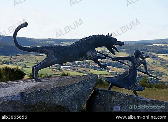Monument of the Beast of Gévaudan, village of Auvers, Gévaudan, Monts de la Margeride, Margeride mountains, Haute Loire, Auvergne, France, Europe.