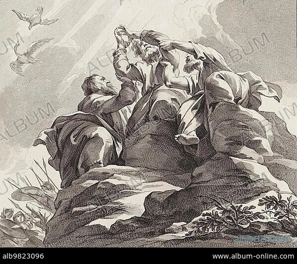 Story of the Prophet Moses; Moses is taken in his arms by Aaron and Hur; c. 1770; Historic; digitally restored reproduction from an 18th or 19th century original.