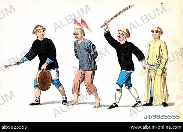 Torture; Punishment; Punishment; A Chinese man with his hands tied behind his back and two red flags on his head is being whipped with wooden sticks; on the left a man holds a drum; c. 1810; China; Historical; digitally restored reproduction from a 19th century original; Asia.