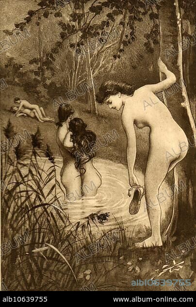Sex outdoors by a pond, Erotic illustration by Edouard-Henri Avril (21 May 1849 to 1928), a French painter and graphic artist, under the name Paul Avril he became known as an illustrator of erotic to pornographic novels, Historical, digitally restored reproduction from a 19th century original.