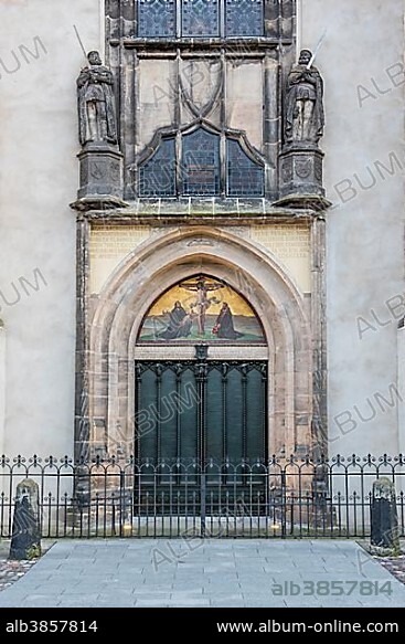 Thesis door at the castle church, Luther city Wittenberg, Saxony-Anhalt, Germany, Europe.