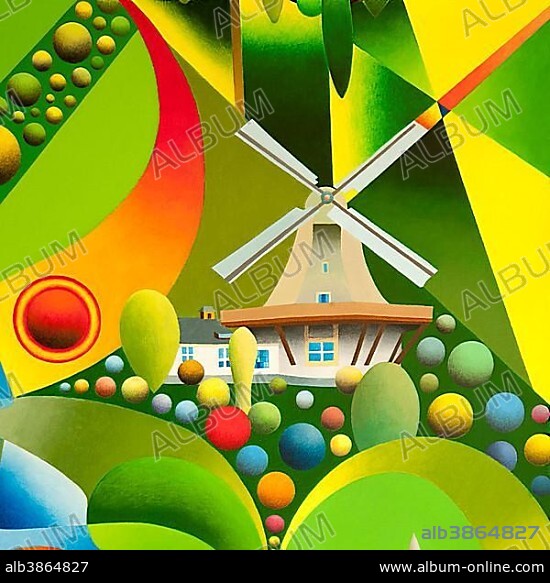 Langenhorn Mill, acrylic painting, artist Gerhard Kraus, Kriftel, North Frisia, Schleswig-Holstein, Germany, Europe.