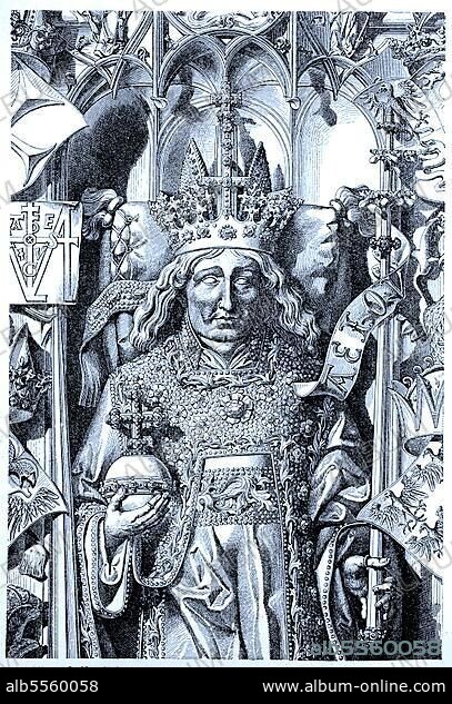 Die Grabfigur von Kaiser Friedrich III. auf seinem Grabmal im Stephansdom zu Wien, Österreich, digitale verbesserte Reproduktion eines Originals aus dem Jahr 1880.
