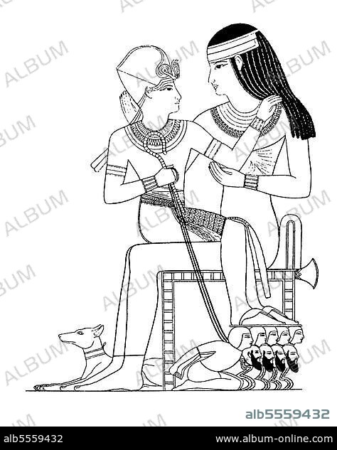 Amenophis II. Amenhotep, war der siebente altägyptische König, Pharao, der 18. Dynastie, hier mit als Kind mit seiner Erzieherin, Geschichte der Mode, Kostümgeschichte, Historisch, digitale Reproduktion einer Originalvorlage aus dem 19. Jahrhundert.