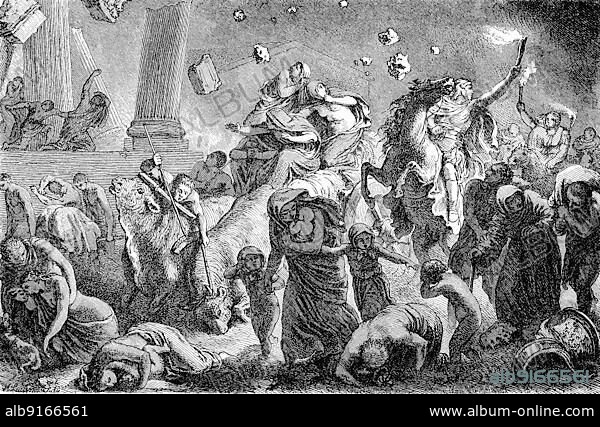 Eruption of Vesuvius and the fall of Pompeii, Pompey, in 79, Italy, the history of ancient Rome, Roman Empire, digitally restored reproduction from a 19th century original, Europe.