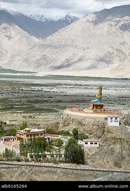 Diskit Monastery and view of the river oases of the Nubra and Shyok Valleys, Nubra Valley, Ladakh, India, Asia.