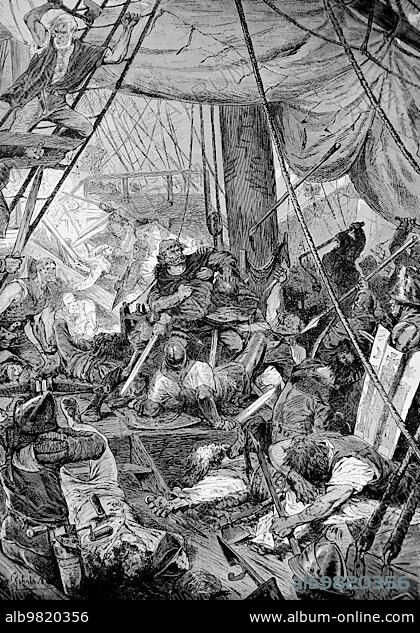 Nikolaus Storzenbecher; or Klaus Störtebeker (c. 1360) (20 October 1401); was a leader and the best known representative of a privateering community known as the Vitalienbrüder. He was captured near Helgoland; Historic; digitally restored reproduction from a 19th century original.
