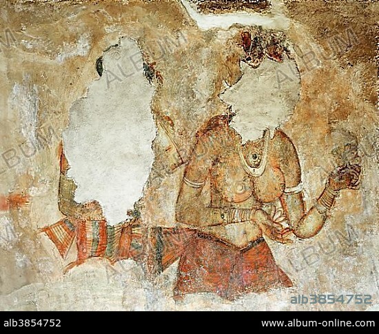"Cloud Girls", destroyed petroglyphs, vandalism, fresco, mural, painting at Lion Rock, UNESCO World Heritage Site, Sigiriya, Sigirija, Zentralprovinz, Sri Lanka, Asia.