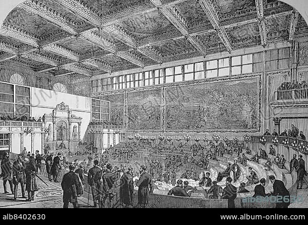 The Parliament in Florence in the Hall of the Five Hundred, Sala dei Cinquecento, in the Palazzo Vecchio, 1869, Italy, Historical, digitally restored, digitally restored reproduction of a 19th-century originalReproduction of a 19th-century original, Europe.