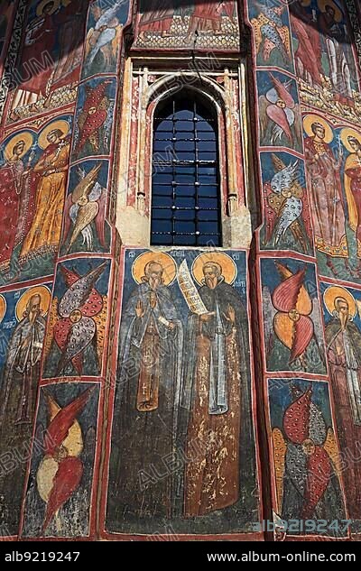Vatra Moldovitei, Moldovita Monastery, Manastirea Moldovita, a Romanian Orthodox womans monastery, frescoes on the church inside the monastery walls dedicated to the Annunciation, inscribed on the UNESCO World Heritage List in 1993, Moldovan Monasteries, Romania, Europe.
