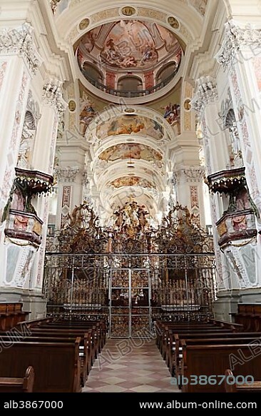 Interior view, former Schoental Cistercian Abbey, nave and altar of the baroque abbey church by architect Leonhard Dientzenhofer, Schoental in Jagsttal valley, Baden-Wuerttemberg, Germany, Europe.